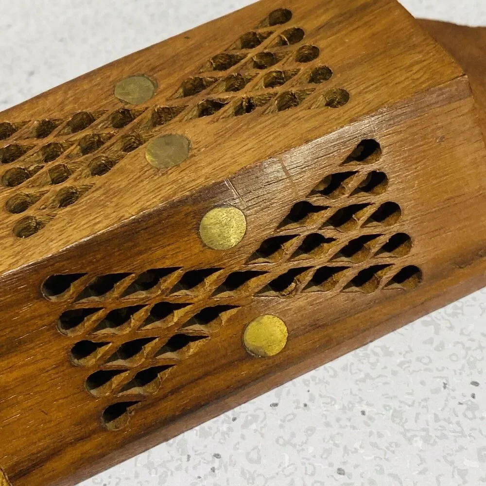 Carved Teak Wood Match Box Incense Wall Pocket Pierced Pattern Brass Studs Inlay